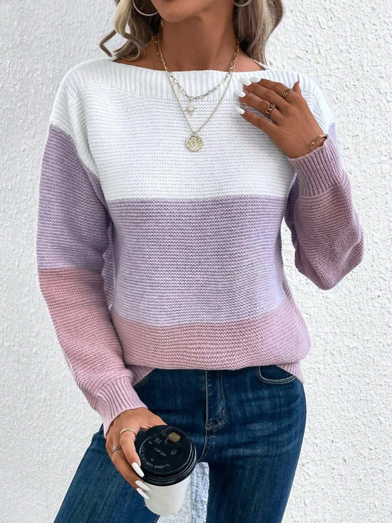 Elegant Three-color Patchwork Sweater Women Daily Commuter Casual Loose Jumpers Female Autumn Winter Knitted Thickened Warm Tops - Tasawoq