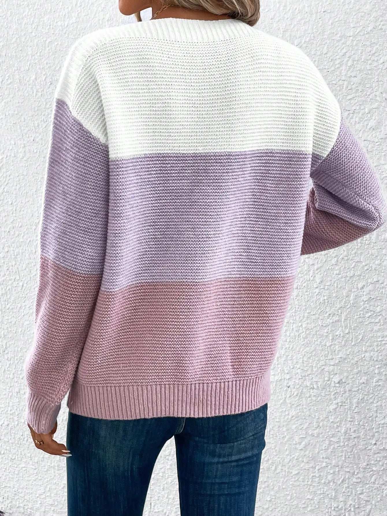 Elegant Three-color Patchwork Sweater Women Daily Commuter Casual Loose Jumpers Female Autumn Winter Knitted Thickened Warm Tops - Tasawoq