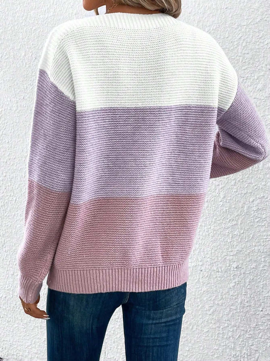 Elegant Three-color Patchwork Sweater Women Daily Commuter Casual Loose Jumpers Female Autumn Winter Knitted Thickened Warm Tops - Tasawoq