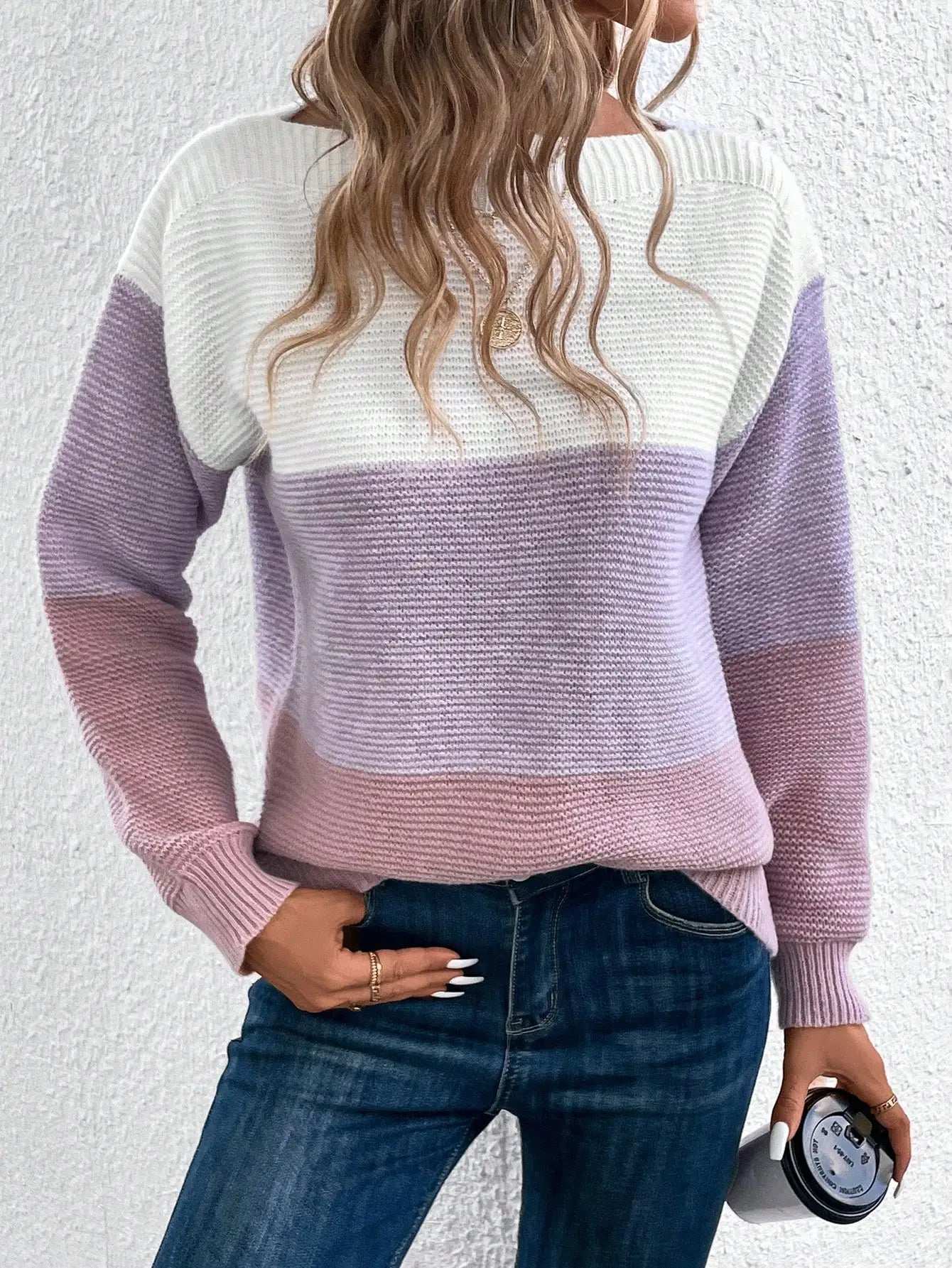 Elegant Three-color Patchwork Sweater Women Daily Commuter Casual Loose Jumpers Female Autumn Winter Knitted Thickened Warm Tops - Tasawoq