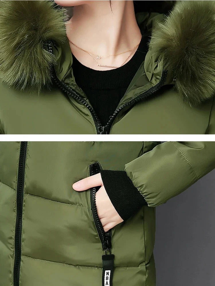 2024 Winter Women Parka Coats Long Cotton Casual Fur Hooded Jackets Thick Warm Slim-fit Jacket Female Overcoat Clothing - Tasawoq