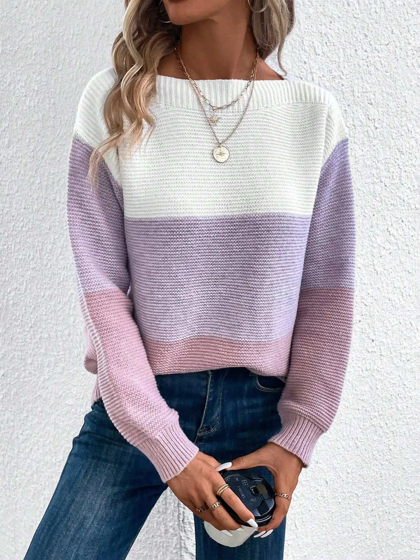 Elegant Three-color Patchwork Sweater Women Daily Commuter Casual Loose Jumpers Female Autumn Winter Knitted Thickened Warm Tops - Tasawoq