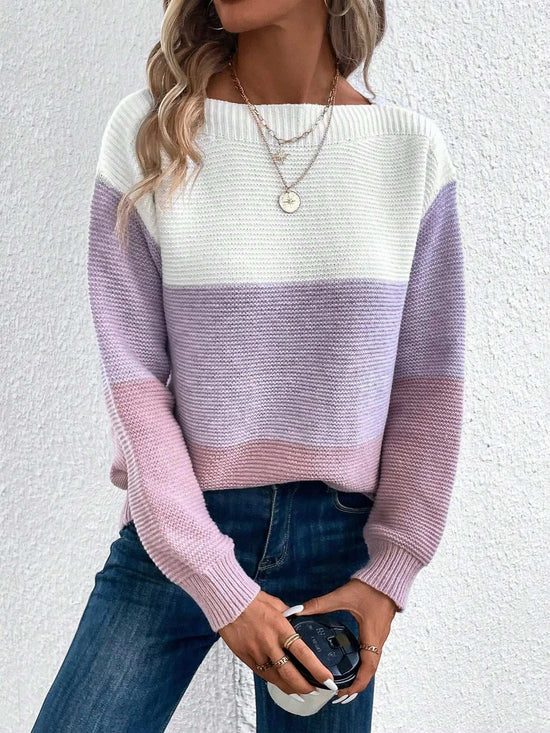 Elegant Three-color Patchwork Sweater Women Daily Commuter Casual Loose Jumpers Female Autumn Winter Knitted Thickened Warm Tops - Tasawoq