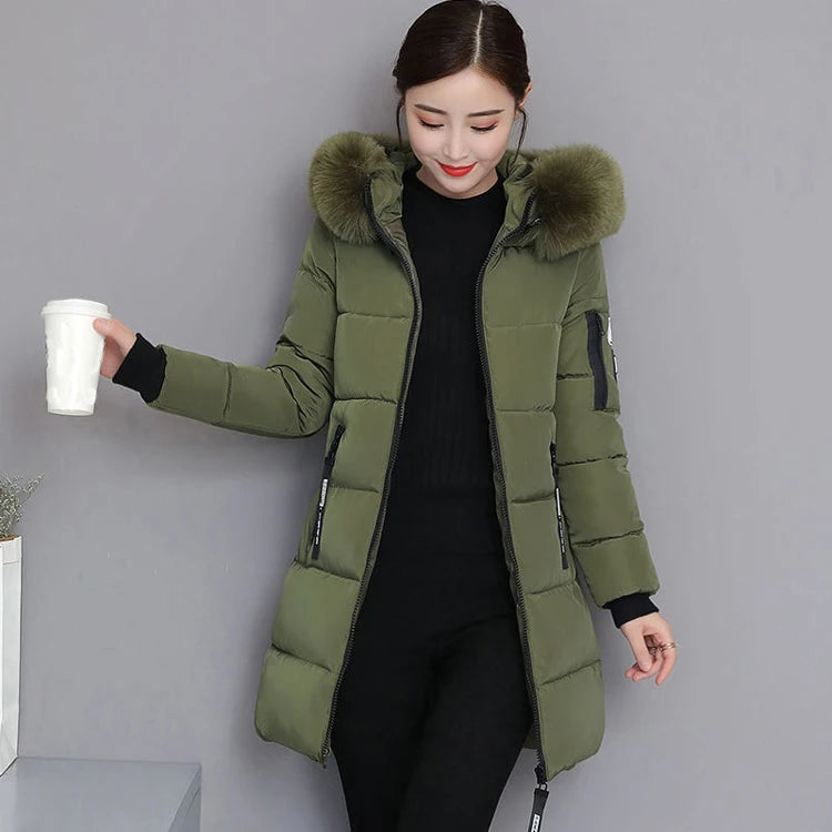2024 Winter Women Parka Coats Long Cotton Casual Fur Hooded Jackets Thick Warm Slim-fit Jacket Female Overcoat Clothing - Tasawoq