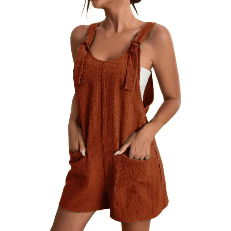 Fashion Women's Jumpsuit Summer 2024 Strappy Sleeveless Casual Loose Solid With Pockets Short Overalls Office Ladies Streetwear - Tasawoq