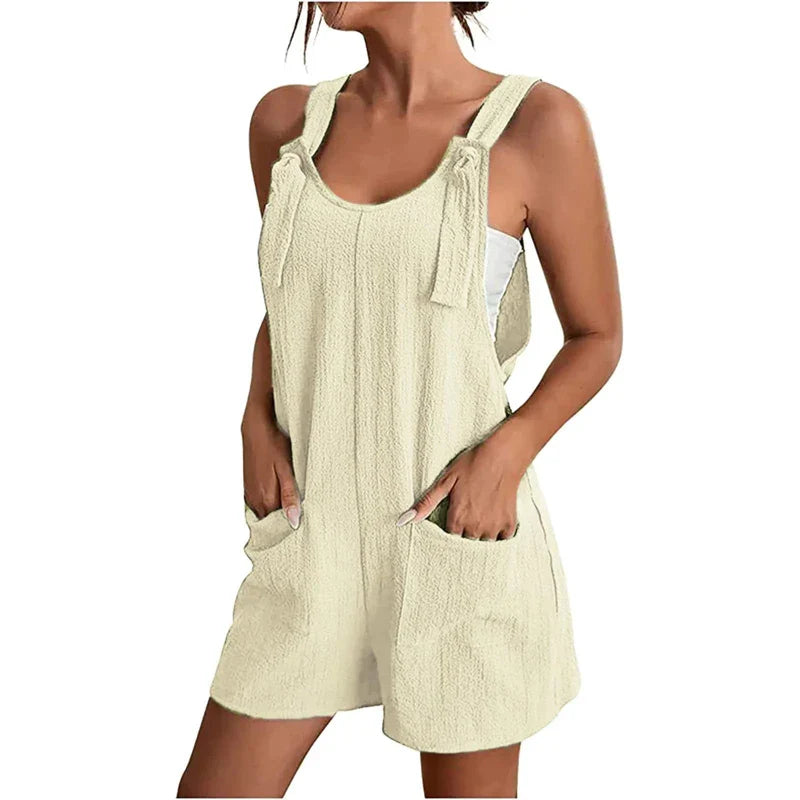 Fashion Women's Jumpsuit Summer 2024 Strappy Sleeveless Casual Loose Solid With Pockets Short Overalls Office Ladies Streetwear - Tasawoq