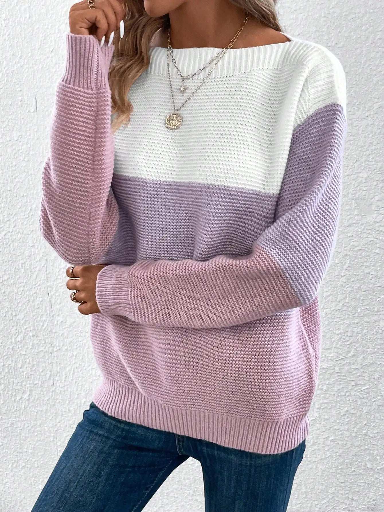 Elegant Three-color Patchwork Sweater Women Daily Commuter Casual Loose Jumpers Female Autumn Winter Knitted Thickened Warm Tops - Tasawoq