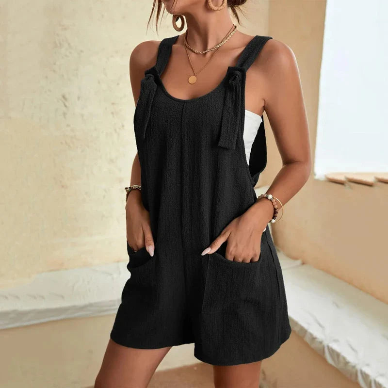 Fashion Women's Jumpsuit Summer 2024 Strappy Sleeveless Casual Loose Solid With Pockets Short Overalls Office Ladies Streetwear - Tasawoq