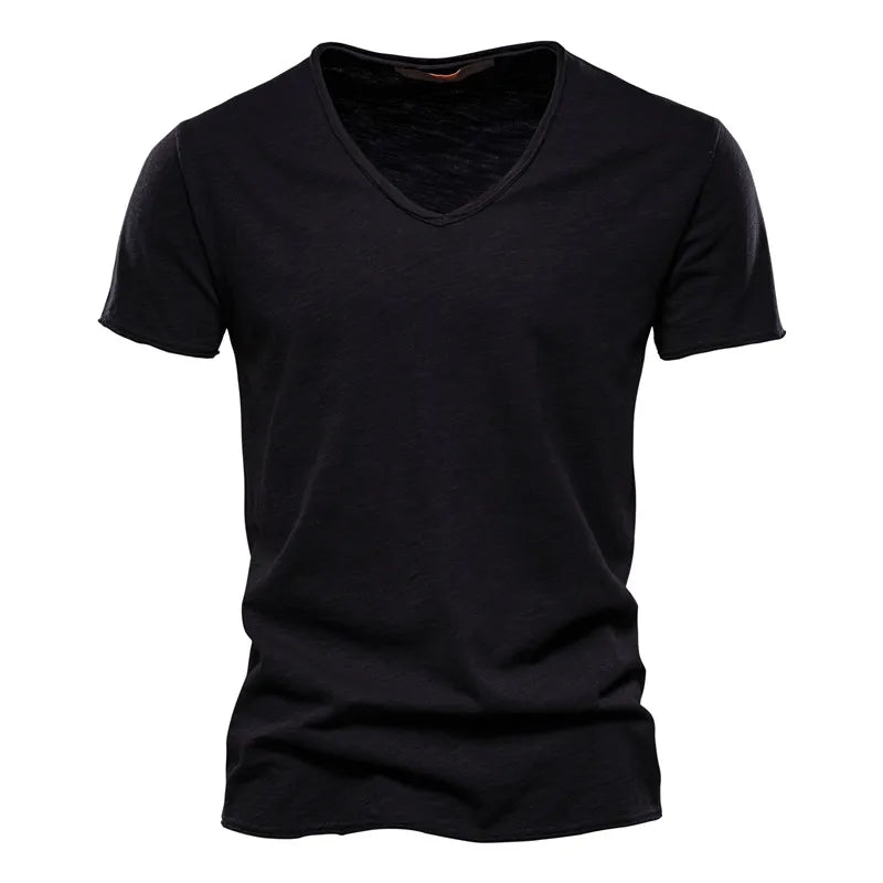 AIOPESON 100% Cotton Men T-shirt V-neck Fashion Design Slim Fit Soild T-shirts Male Tops Tees Short Sleeve T Shirt For Men - Tasawoq