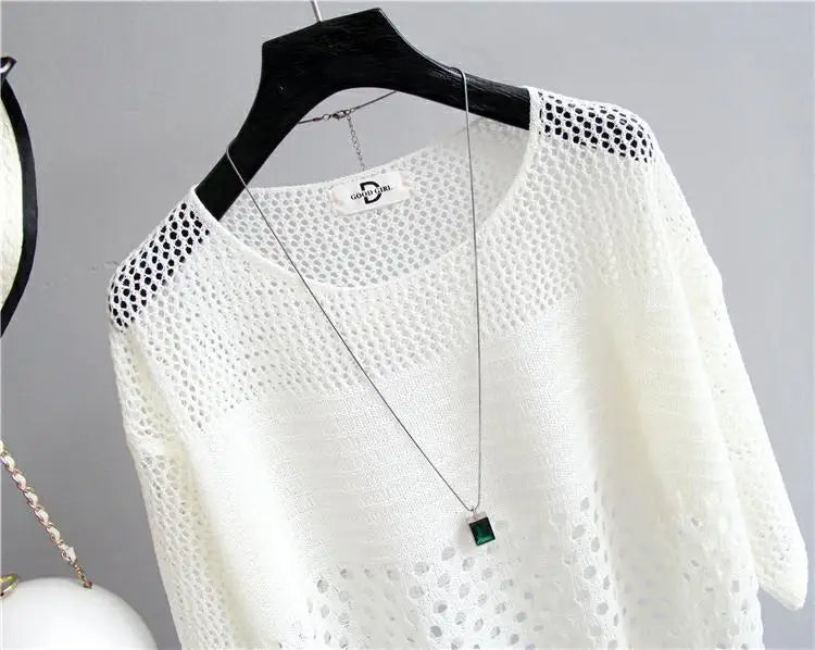 Spring and Summer New Ice Silk Knitted Vest Top Hollow Out Thin Bottoming Sling Streetwear Womens Clothing White Shirt 13686 - Tasawoq