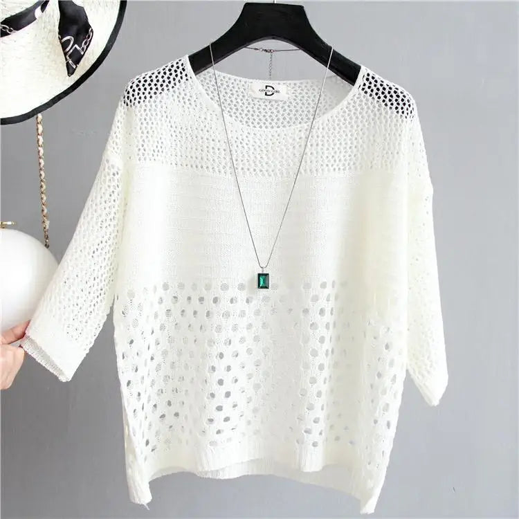 Spring and Summer New Ice Silk Knitted Vest Top Hollow Out Thin Bottoming Sling Streetwear Womens Clothing White Shirt 13686 - Tasawoq