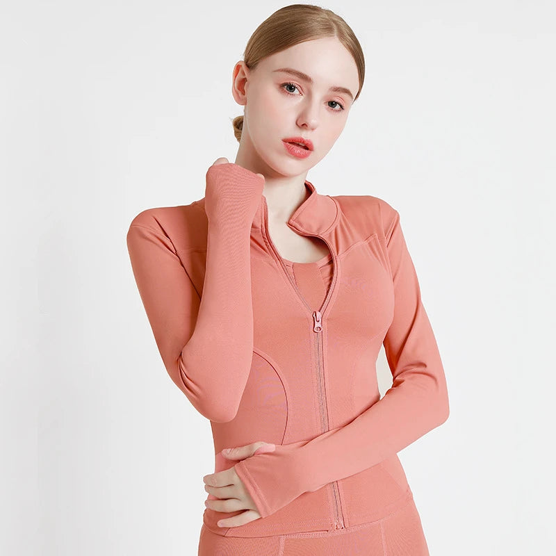 2024 Long Sleeve Sports Jacket Women Zip Fitness Yoga Shirt Winter Warm Gym Top Activewear Running Coats Workout Clothes Woman - Tasawoq
