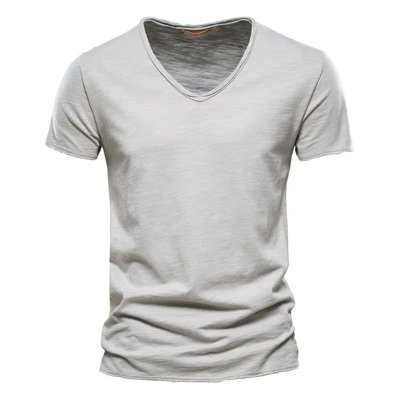 AIOPESON 100% Cotton Men T-shirt V-neck Fashion Design Slim Fit Soild T-shirts Male Tops Tees Short Sleeve T Shirt For Men - Tasawoq