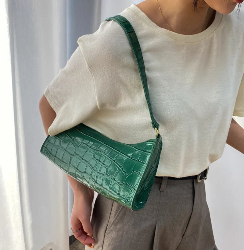 Fashion PU Leather Bags for Women Alligator Pattern Armpit Handbag Female Small Underarm Messenger Bag Purse - Tasawoq