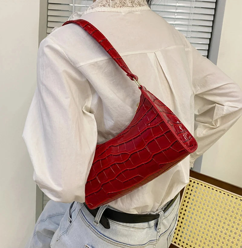 Fashion PU Leather Bags for Women Alligator Pattern Armpit Handbag Female Small Underarm Messenger Bag Purse - Tasawoq