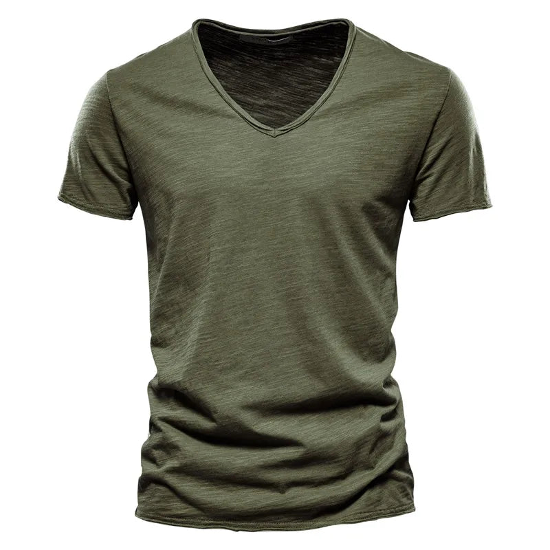 AIOPESON 100% Cotton Men T-shirt V-neck Fashion Design Slim Fit Soild T-shirts Male Tops Tees Short Sleeve T Shirt For Men - Tasawoq