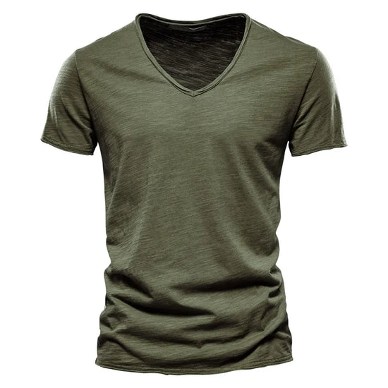 AIOPESON 100% Cotton Men T-shirt V-neck Fashion Design Slim Fit Soild T-shirts Male Tops Tees Short Sleeve T Shirt For Men - Tasawoq