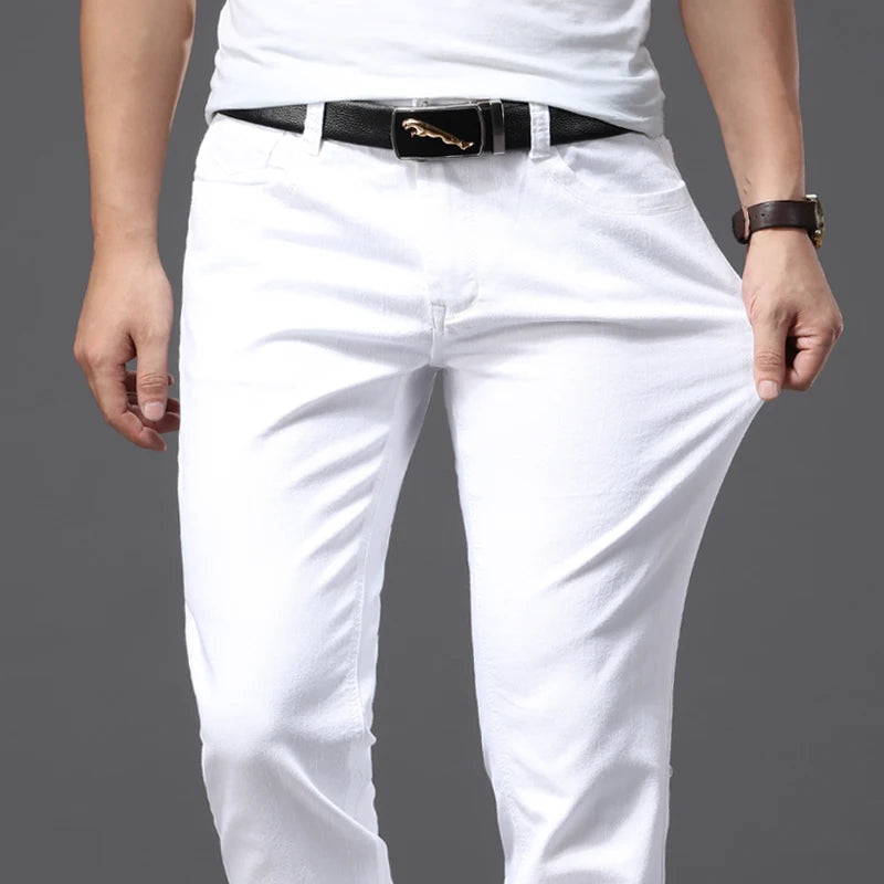 Men White Jeans Fashion Casual Classic Style Slim Fit Soft Trousers Male Brand Advanced Stretch Pants - Tasawoq