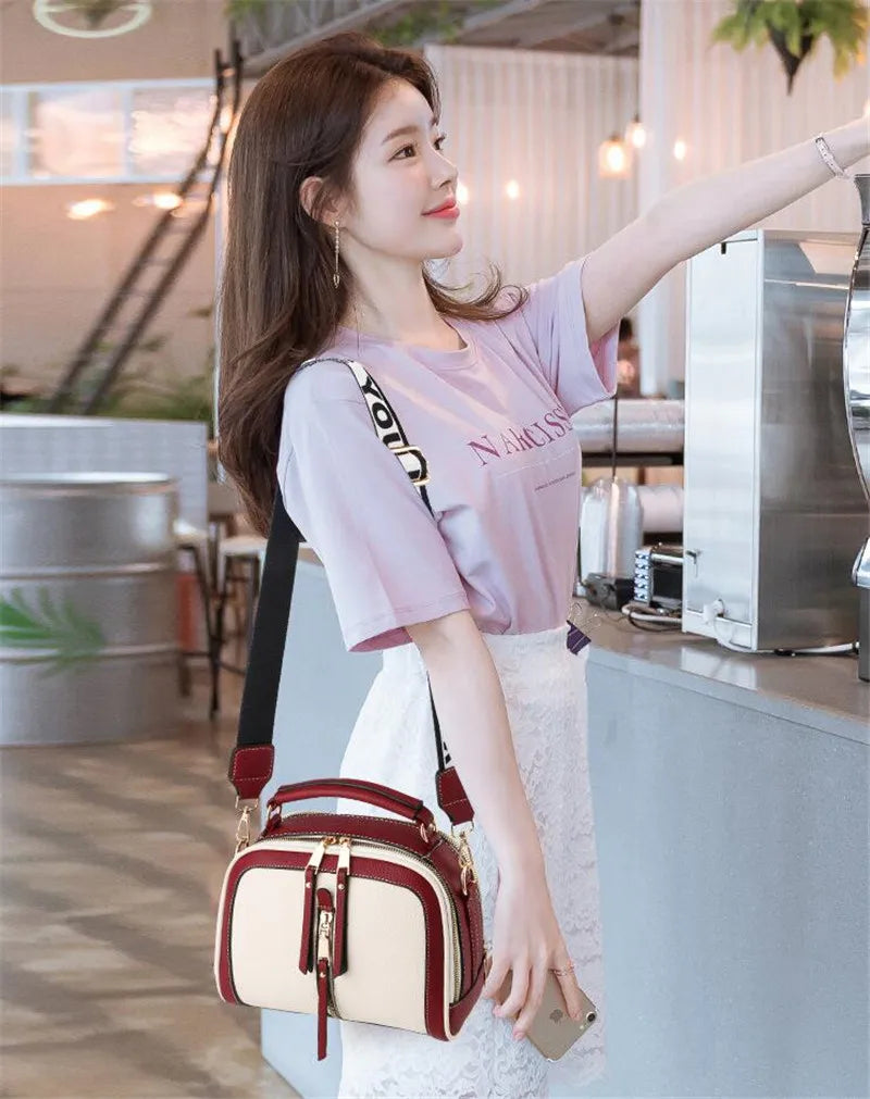 Fashion Hit Color Shoulder Bags for Women Female PU Leather Crossbody Messenger Bags Small Handbag Wide Strap Purse - Tasawoq