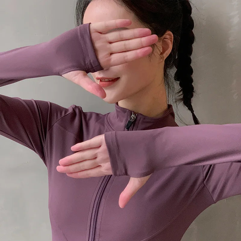 2024 Long Sleeve Sports Jacket Women Zip Fitness Yoga Shirt Winter Warm Gym Top Activewear Running Coats Workout Clothes Woman - Tasawoq