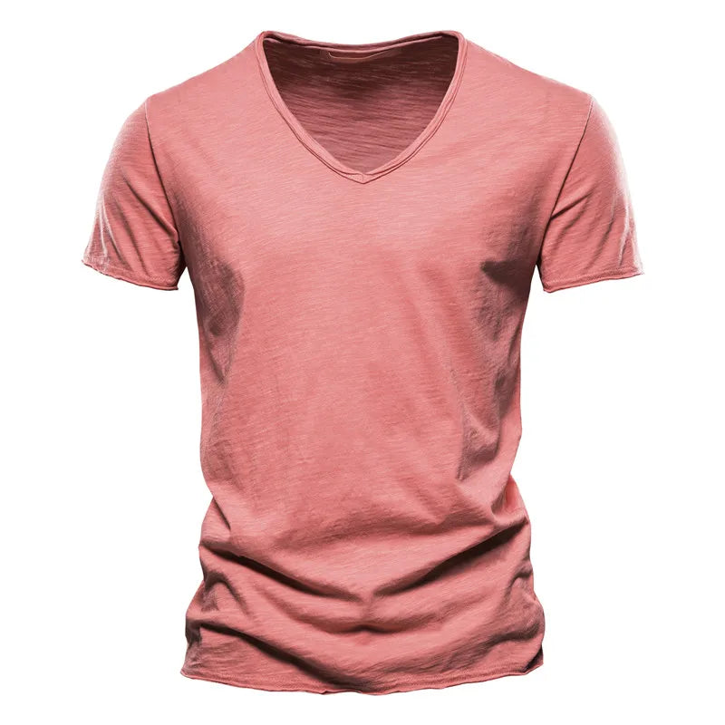 AIOPESON 100% Cotton Men T-shirt V-neck Fashion Design Slim Fit Soild T-shirts Male Tops Tees Short Sleeve T Shirt For Men - Tasawoq