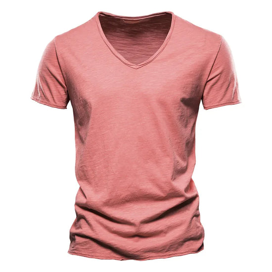 AIOPESON 100% Cotton Men T-shirt V-neck Fashion Design Slim Fit Soild T-shirts Male Tops Tees Short Sleeve T Shirt For Men - Tasawoq
