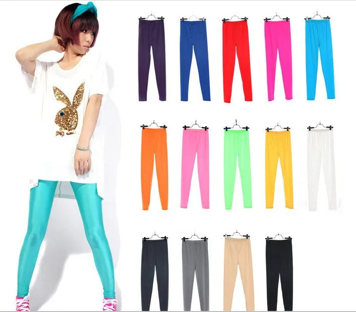 New Spring Solid Candy Neon Leggings for Women High Stretched Female Legging Pants Girl Clothing Leggins Plug Size - Tasawoq