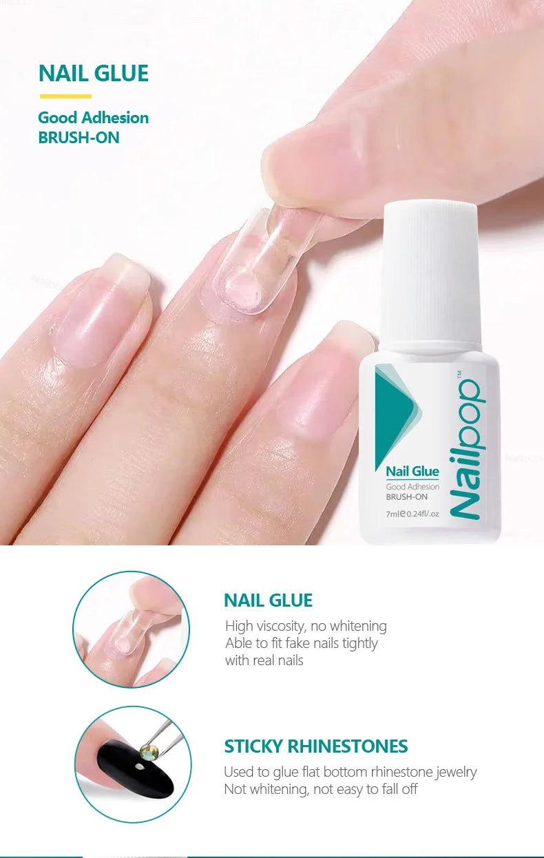 Nailpop Nail Glue for False Tips Glitter Acrylic Nail Art Adhesive Manicure Tool Rhinestone Glue Bottle Cap with Brush 2pcs - Tasawoq