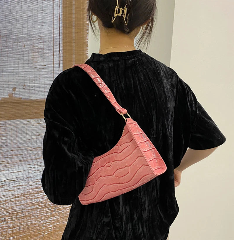 Fashion PU Leather Bags for Women Alligator Pattern Armpit Handbag Female Small Underarm Messenger Bag Purse - Tasawoq