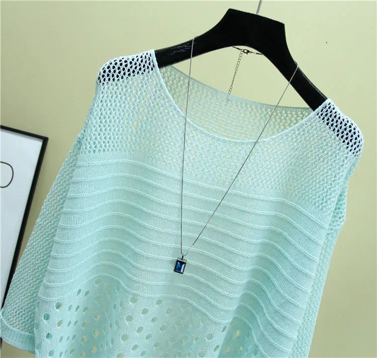 Spring and Summer New Ice Silk Knitted Vest Top Hollow Out Thin Bottoming Sling Streetwear Womens Clothing White Shirt 13686 - Tasawoq