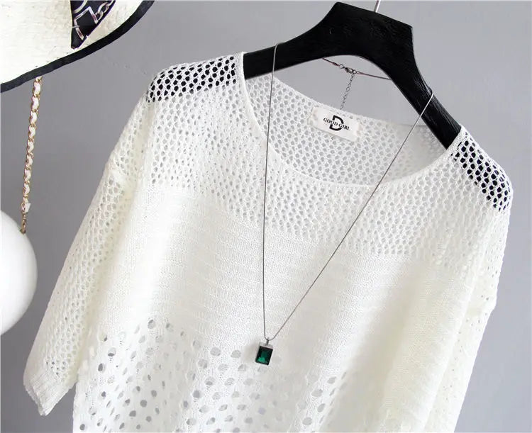 Spring and Summer New Ice Silk Knitted Vest Top Hollow Out Thin Bottoming Sling Streetwear Womens Clothing White Shirt 13686 - Tasawoq