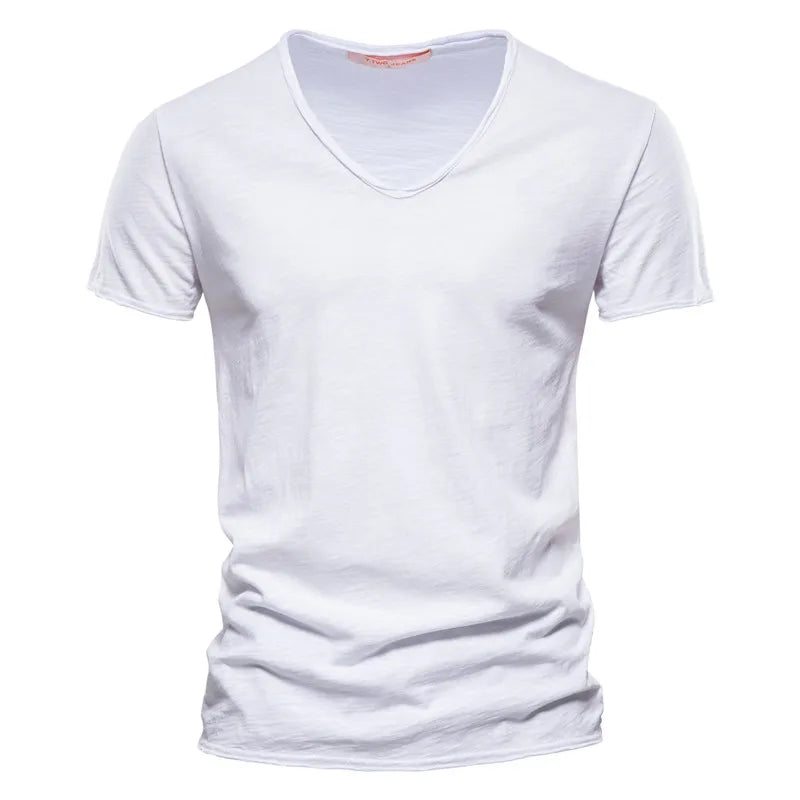 AIOPESON 100% Cotton Men T-shirt V-neck Fashion Design Slim Fit Soild T-shirts Male Tops Tees Short Sleeve T Shirt For Men - Tasawoq