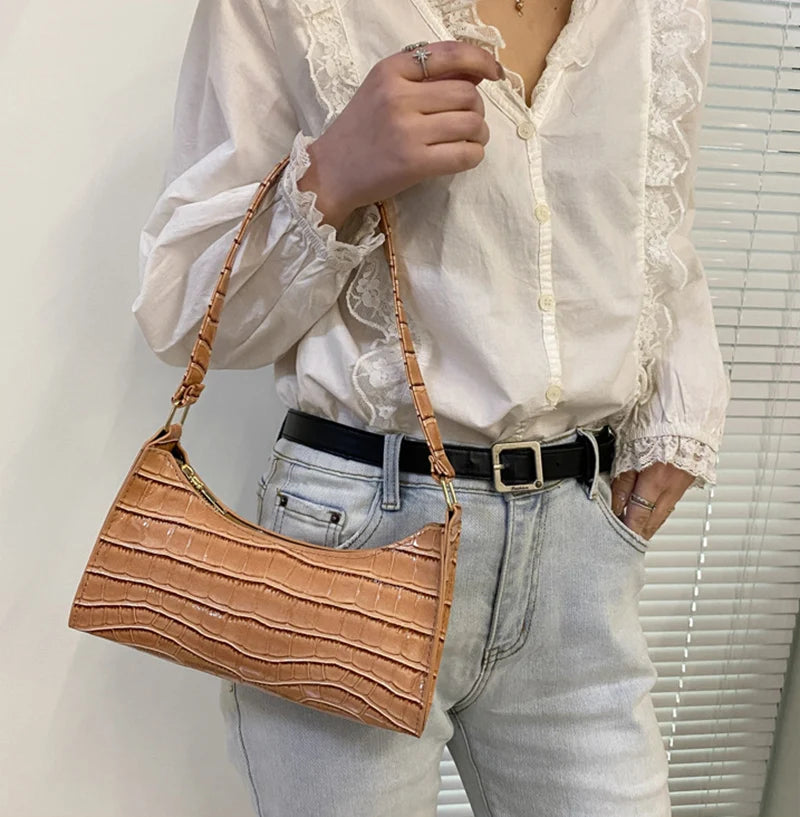 Fashion PU Leather Bags for Women Alligator Pattern Armpit Handbag Female Small Underarm Messenger Bag Purse - Tasawoq