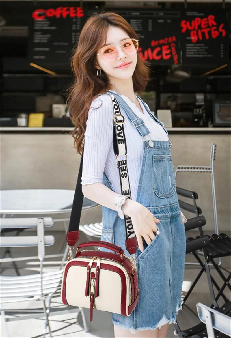 Fashion Hit Color Shoulder Bags for Women Female PU Leather Crossbody Messenger Bags Small Handbag Wide Strap Purse - Tasawoq