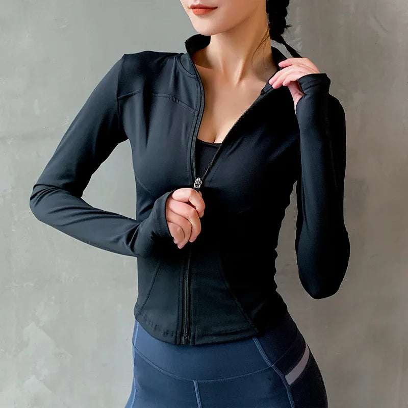 2024 Long Sleeve Sports Jacket Women Zip Fitness Yoga Shirt Winter Warm Gym Top Activewear Running Coats Workout Clothes Woman - Tasawoq