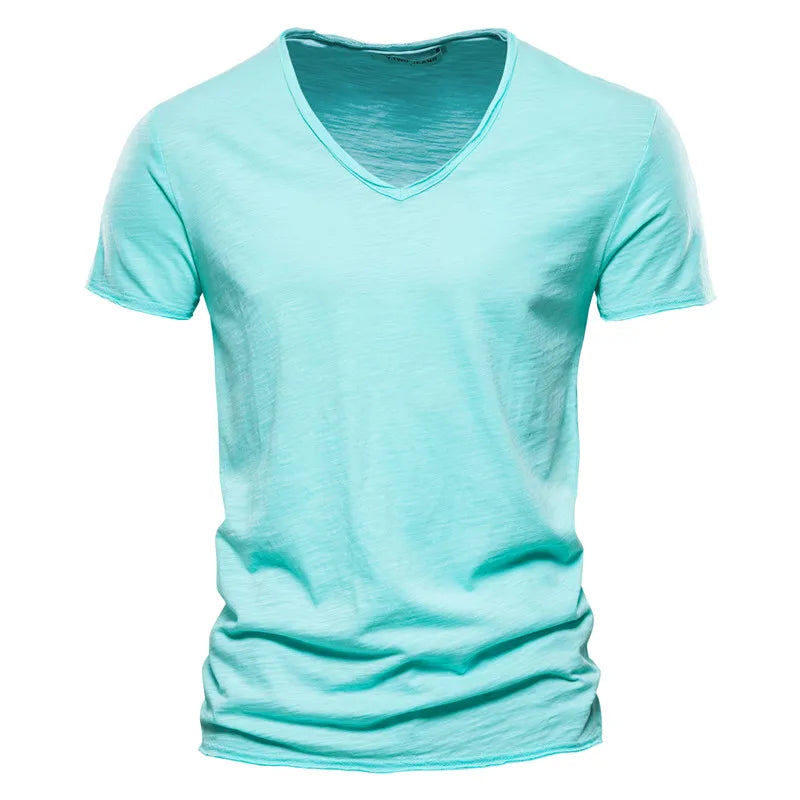 AIOPESON 100% Cotton Men T-shirt V-neck Fashion Design Slim Fit Soild T-shirts Male Tops Tees Short Sleeve T Shirt For Men - Tasawoq