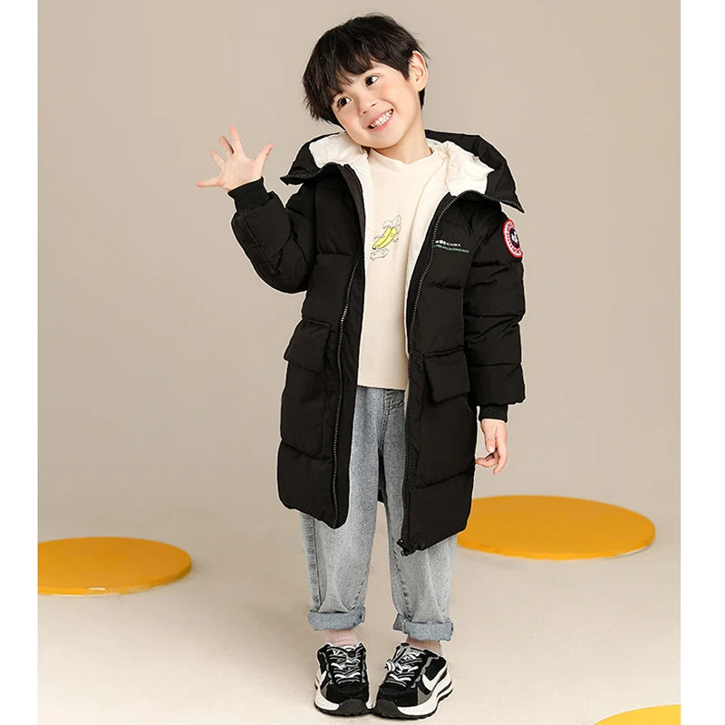 2-10 Years Autumn Winter Boys Jacket Solid Color Long Style Keep Warm Hooded Coat For Kids Children Birthday Present - Tasawoq