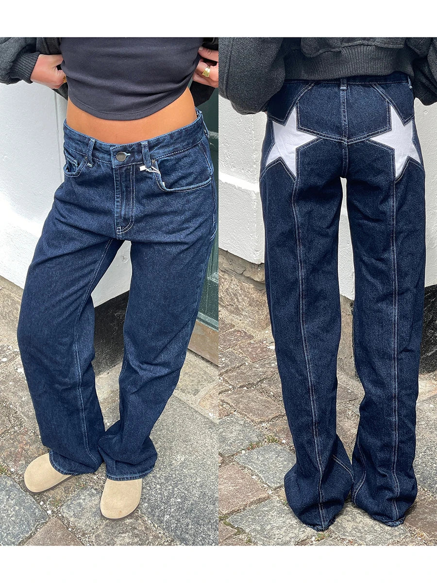 Combhasaki Women's Y2K Vintage Jeans Aesthetic Star Pattern Print Loose Straight Leg Denim Long Pants Casual Low Waist Trousers - Tasawoq