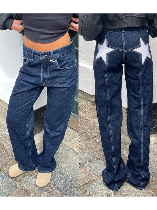 Combhasaki Women's Y2K Vintage Jeans Aesthetic Star Pattern Print Loose Straight Leg Denim Long Pants Casual Low Waist Trousers - Tasawoq