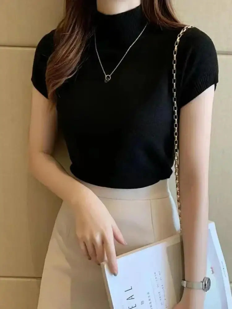 Women's Half-High Neck T-Shirt Fashion Jumper Casual Tops Korean Style Elegant Solid-Coloured Clothing Spring And Summer Season - Tasawoq
