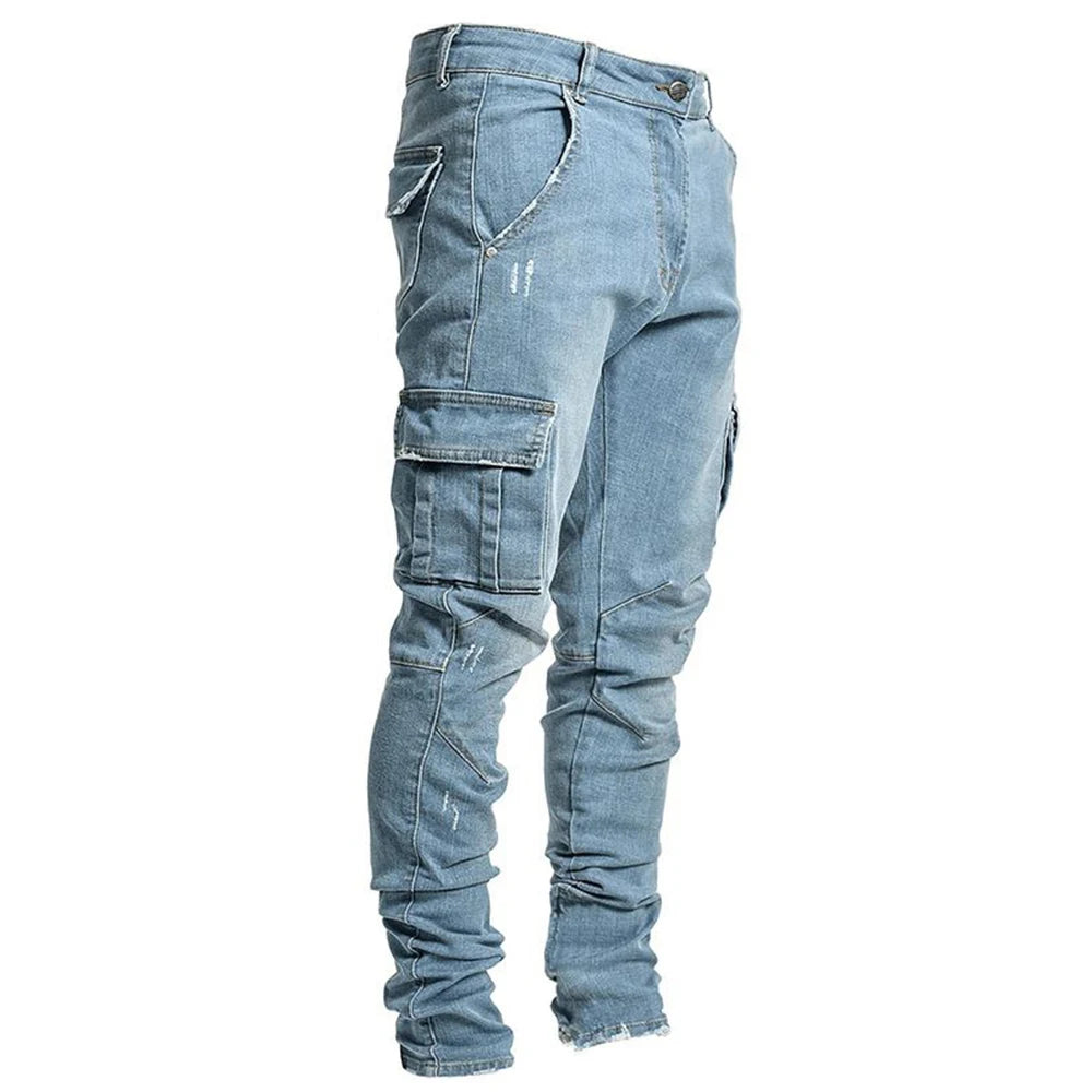 Street Elastic Jeans Men Denim Cargo Pants Wash Solid Color Multi Pockets Casual Mid Waist Trousers Slim Fit Daily Wear Joggers - Tasawoq