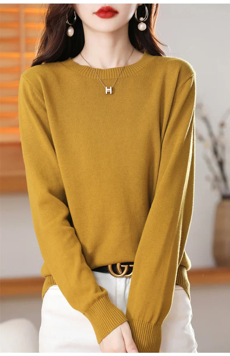 Women's 100% High-quality Cotton Knitted Sweater, Temperament Round Neck Top, Breathable And Versatile Pullover, Long Sleeved - Tasawoq