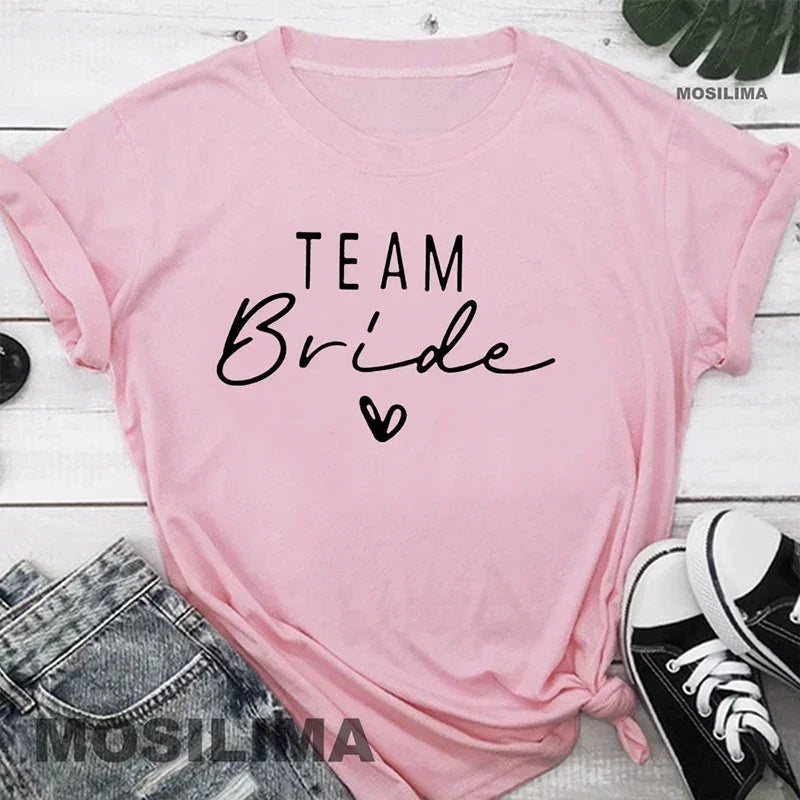 Women Cotton T Shirt Team Bride Bachelorette Party Shower Hen Party Bridesmaid Print T-Shirt 2024 Girls Wedding Female Tops - Tasawoq