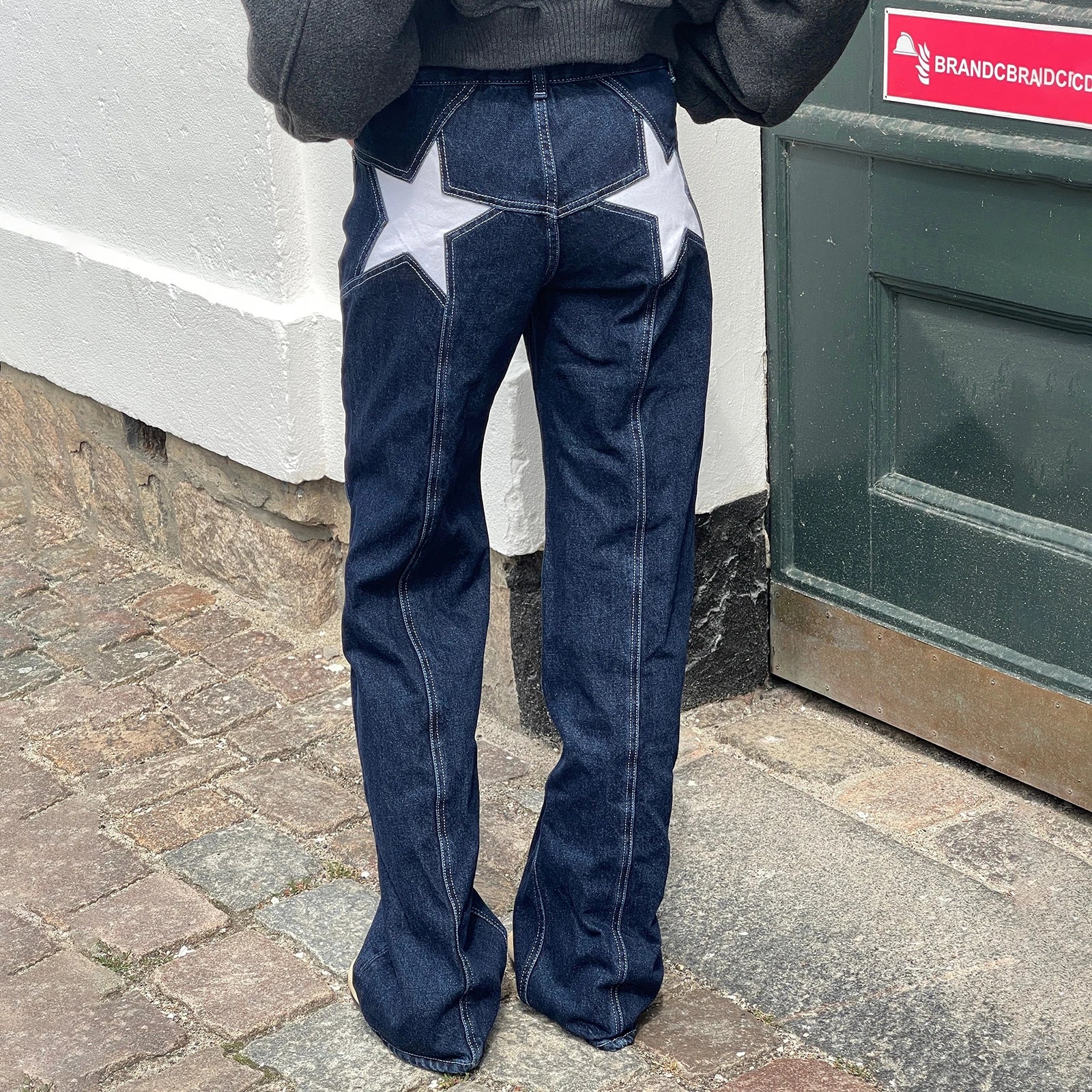 Combhasaki Women's Y2K Vintage Jeans Aesthetic Star Pattern Print Loose Straight Leg Denim Long Pants Casual Low Waist Trousers - Tasawoq