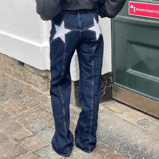 Combhasaki Women's Y2K Vintage Jeans Aesthetic Star Pattern Print Loose Straight Leg Denim Long Pants Casual Low Waist Trousers - Tasawoq