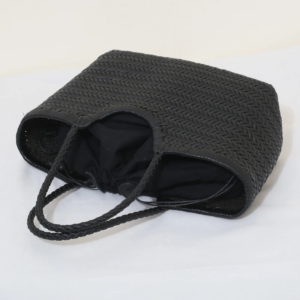 Handbags Women's Genuine Leather Shoulder Bag Weaving Casual Shopping Bag Vintage Big Tote Purse Cowhide Cross Hand Bags Lady - Tasawoq