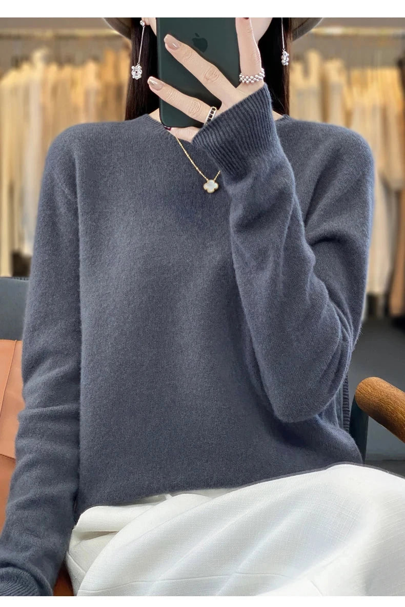 Women's 100% Beautiful Wool Round Neck Top Fashion Versatile Knitted Loose Long Sleeve Pullover Thin Sweater Yuan Ling - Tasawoq