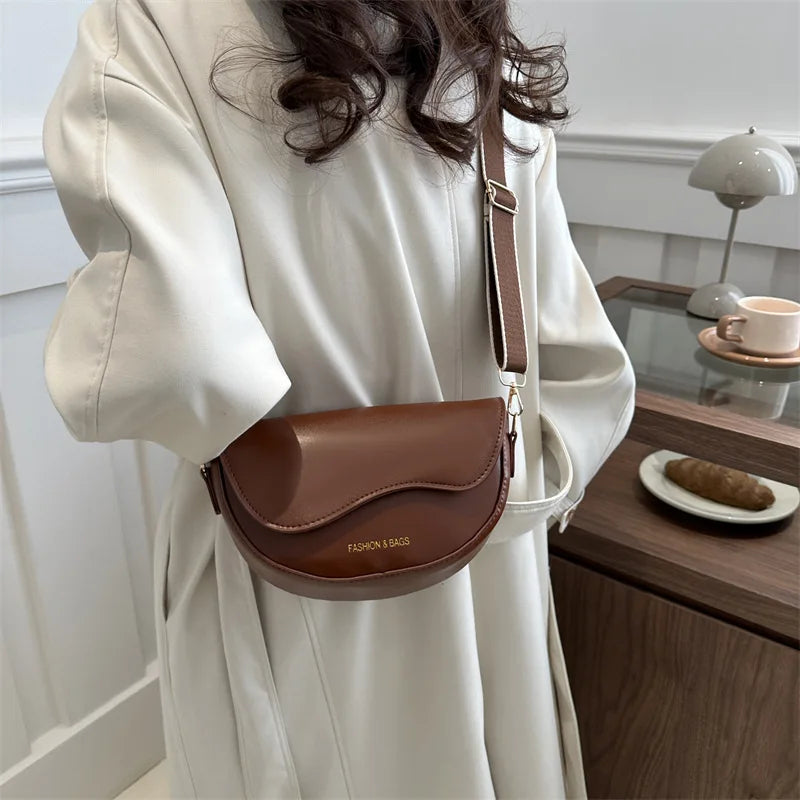 Women Vintage Solid Color Flap Small Saddle Shoulder Underarm Bag Fashion PU Leather Wide Strap Crossbody Bag Shoulder bag zwq - Tasawoq