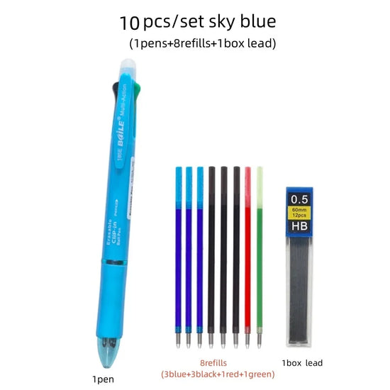 5 In 1 Multicolor Erasable Gel Pen with 4 Colors Replaceable Pen Refill 1 Automatic Pencil Lead Stationery School Writing Supply
