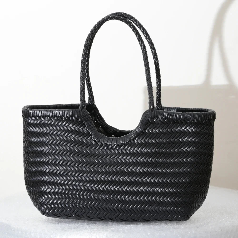 Handbags Women's Genuine Leather Shoulder Bag Weaving Casual Shopping Bag Vintage Big Tote Purse Cowhide Cross Hand Bags Lady - Tasawoq